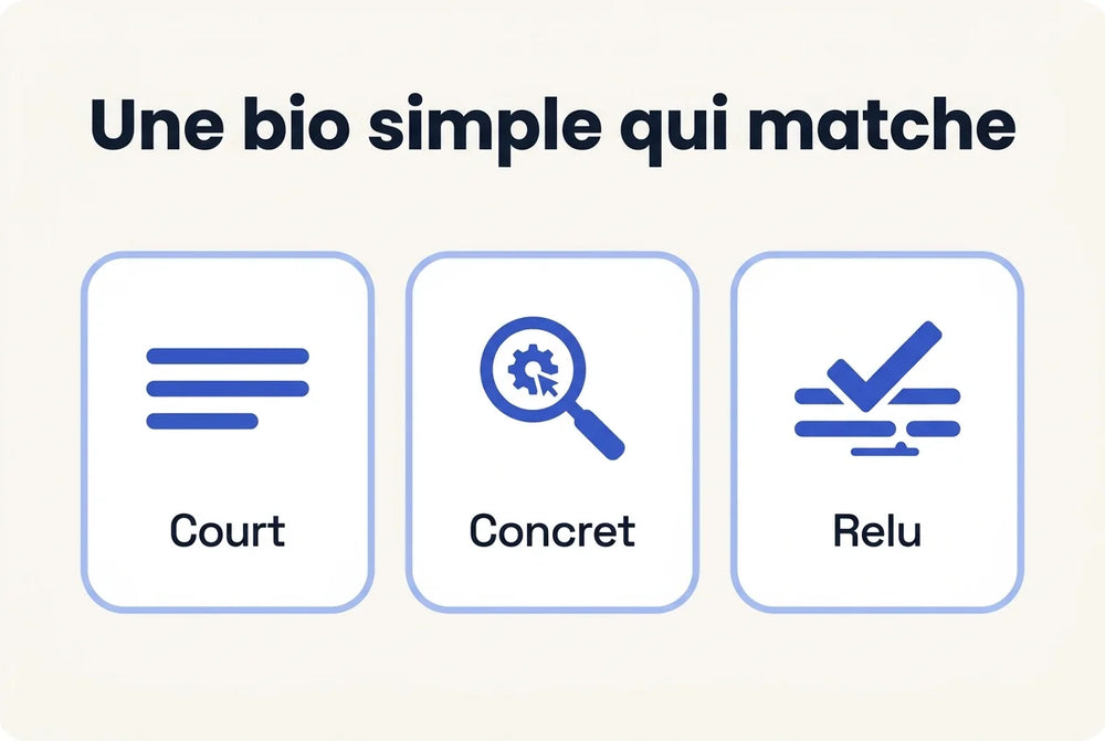 Illustration vectorielle bleue et navy sur fond clair, titre « Une bio simple qui matche », trois cartes blanches à bordure bleu clair portant les libellés Court, Concret et Relu.