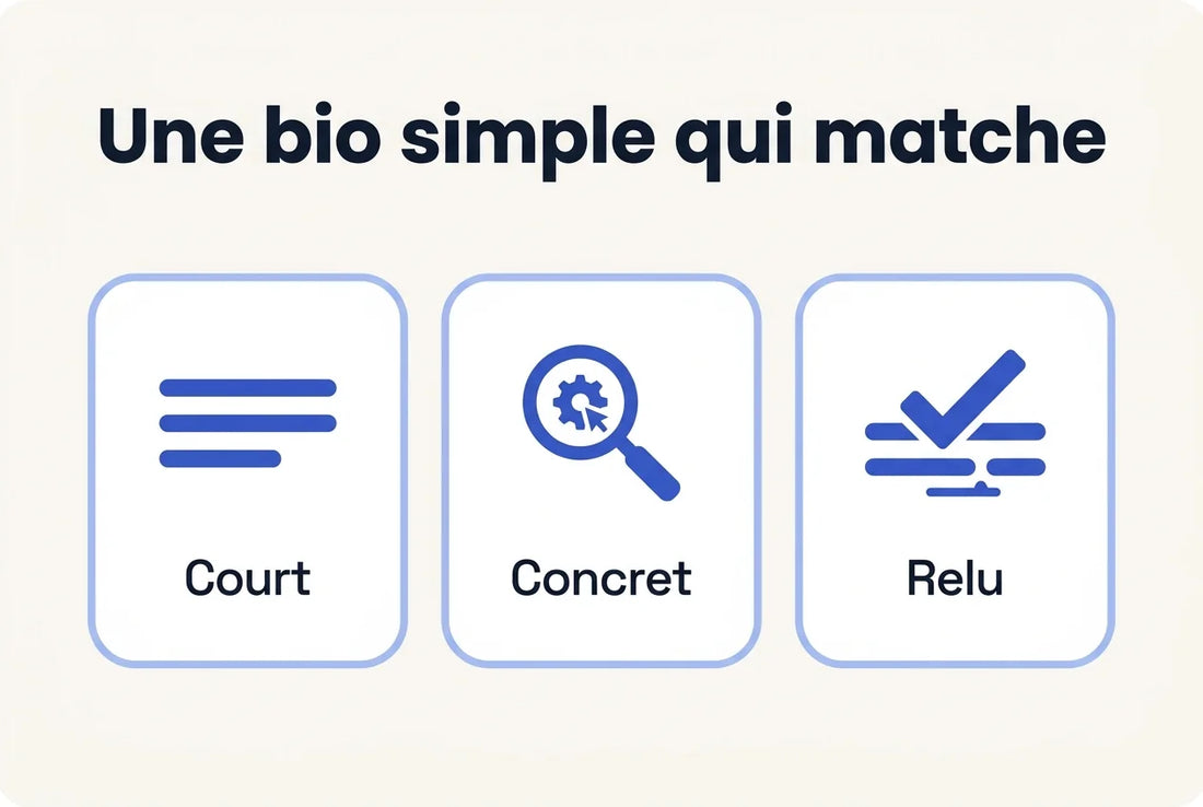 Illustration vectorielle bleue et navy sur fond clair, titre « Une bio simple qui matche », trois cartes blanches à bordure bleu clair portant les libellés Court, Concret et Relu.